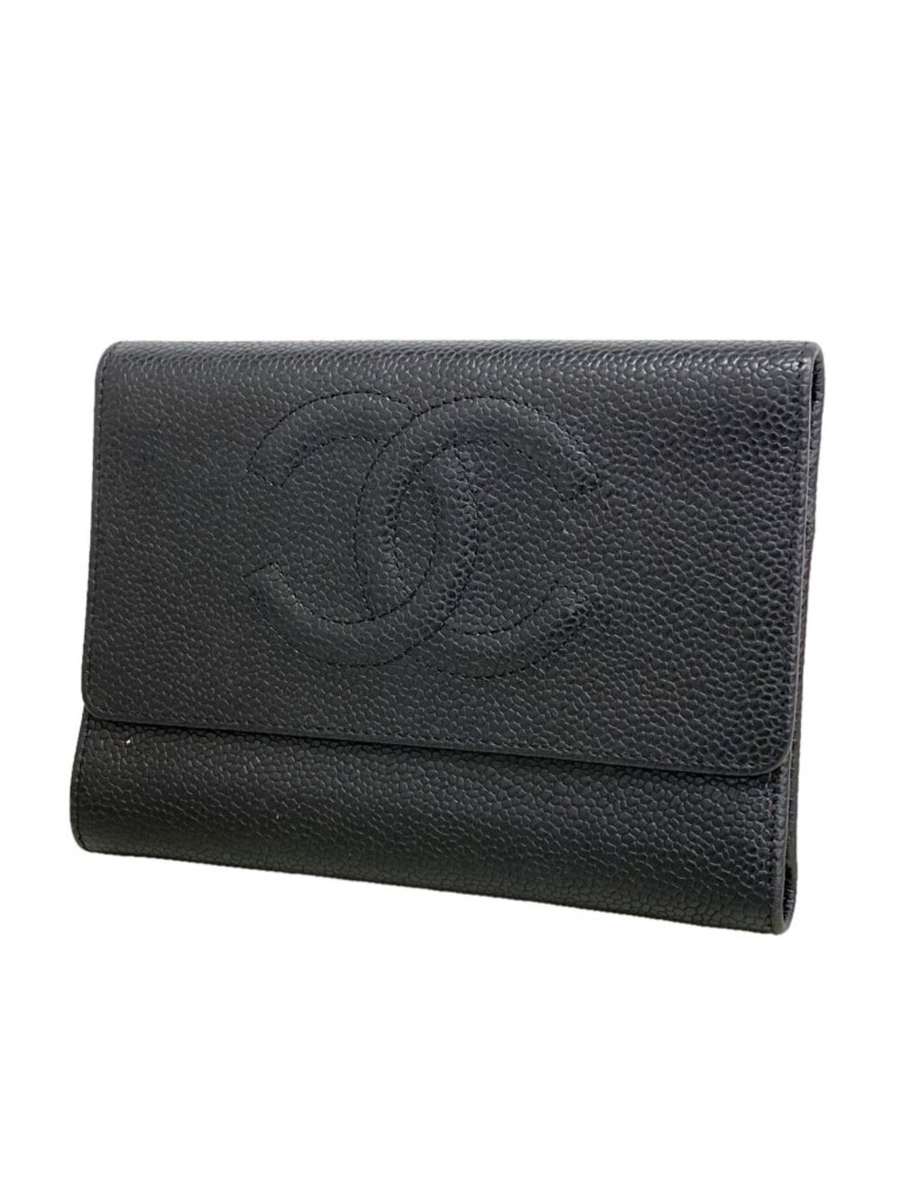 Chanel Trifold Wallet Caviar Leather Black Champagne Gold